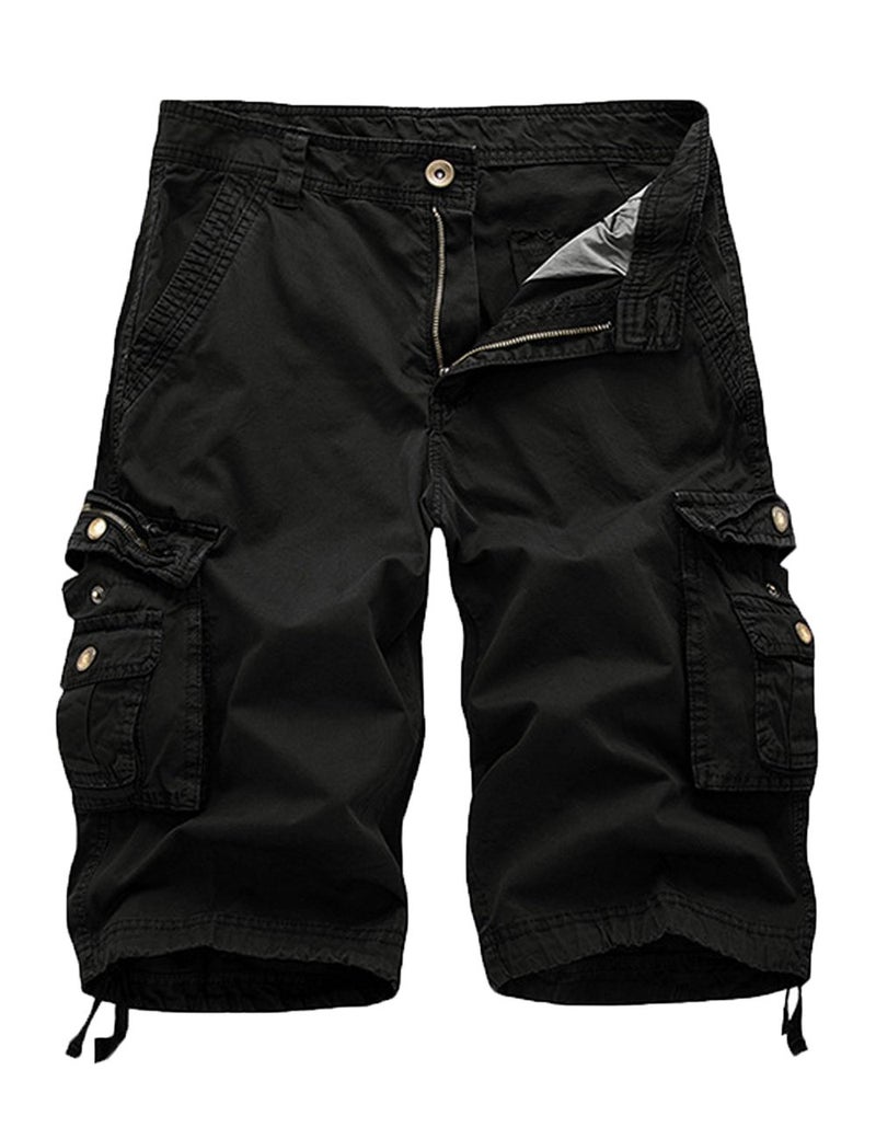 FOURSTEEDS Women's Cotton Casual Zipper Multi-Pockets Twill Bermuda Drawstring Women Cargo Shorts Black US 12
